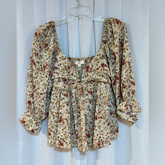 Floral Blouse - Cream with Pink Rose Print - Picture 1 of 4